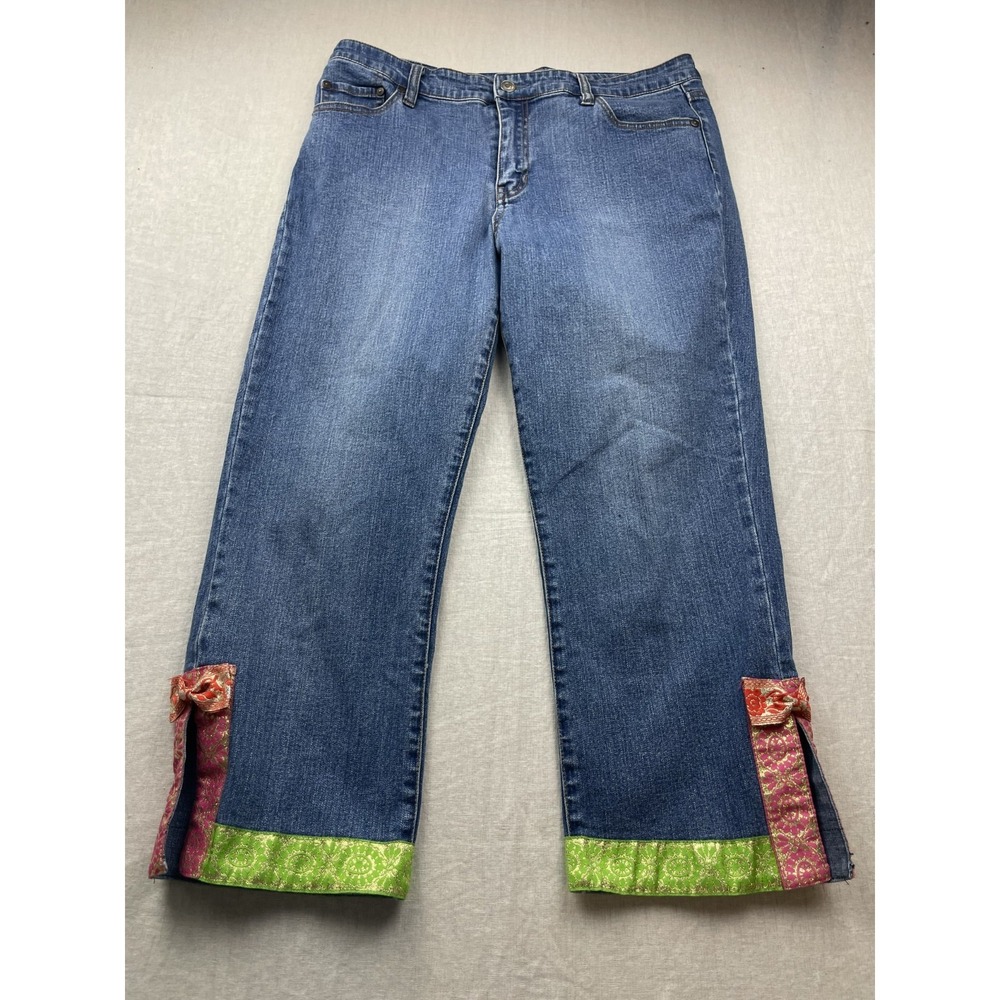 The Denim Tailor Blue Womens Size 14P Petite Ribbon Trim Bow Denim Crop Jeans